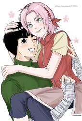 Rule 34 | 1boy, 1girl, bandaged arm, bandages, black hair, bowl cut, carrying, carrying person, couple, green eyes, green jumpsuit, grin, hairband, hand on another&#039;s back, hand on another&#039;s head, hand on back, haruno sakura, jumpsuit, looking at viewer, naruto (series), naruto shippuuden, naruto shippuuden, one eye closed, pink hair, red hairband, rock lee, short hair, simple background, smile, white background