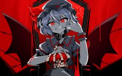 Rule 34 | 1girl, 5cmremilia, ambiguous red liquid, barbed wire, bat wings, black collar, collar, collared shirt, crown, fangs, finger in own mouth, frilled shirt collar, frilled sleeves, frills, hair between eyes, hat, hat ribbon, highres, holding, holding crown, king (vocaloid), limited palette, mob cap, puffy short sleeves, puffy sleeves, red background, red eyes, red ribbon, red theme, remilia scarlet, ribbon, shirt, short hair, short sleeves, sitting, slit pupils, throne, touhou, vocaloid, wings, wrist cuffs