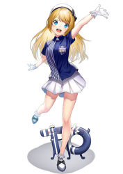 Rule 34 | 1girl, admiral (kancolle), arm up, blonde hair, blue eyes, blush, bow, commentary request, enemy lifebuoy (kancolle), gloves, hair between eyes, hat, jervis (kancolle), kantai collection, lawson, legs, long hair, looking at viewer, non-human admiral (kancolle), open mouth, sailor hat, simple background, skirt, smile, solo, standing, t-head admiral, unowen, white background, white gloves, white hat