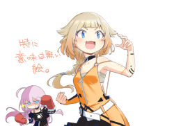 Rule 34 | 2girls, armpits, black shirt, blue eyes, boxing gloves, braid, cevio, choker, clenched hand, dress, fang, fighting stance, ia (vocaloid), long hair, multiple girls, one (cevio), open mouth, orange dress, pink hair, platinum blonde hair, sarashi, shirt, shiyoheee, smile, spaghetti strap, sparkle, translated, v-shaped eyebrows, vocaloid, white background