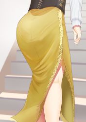 Rule 34 | 1girl, ass, ass focus, feet out of frame, from behind, gotland (kancolle), head out of frame, highres, kantai collection, long skirt, long sleeves, official alternate costume, shirt, skirt, solo, stairs, walking, white shirt, yellow skirt, zuki