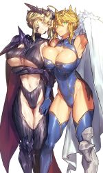 Rule 34 | 2girls, arm around waist, armor, armpits, artoria pendragon (fate), artoria pendragon (lancer) (fate), artoria pendragon (lancer alter) (fate), blonde hair, blue gloves, bodysuit, braid, breasts, cape, cleavage, commentary request, covered navel, crown braid, dual persona, elbow gloves, fate/grand order, fate (series), gauntlets, gloves, gluteal fold, gold trim, greaves, green eyes, heattech leotard, highres, large breasts, leotard, looking at viewer, melon22, multiple girls, navel, pale skin, sleeveless, stomach, thigh gap, thighhighs, toned, turtleneck, turtleneck bodysuit, unaligned breasts, underboob, yellow eyes