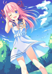 Rule 34 | 1girl, ;d, antenna hair, bad id, bad pixiv id, bare shoulders, blue eyes, blush, day, dress, dutch angle, hair ribbon, highres, kinta (distortion), long hair, looking at viewer, one eye closed, open mouth, original, pink hair, ribbon, sailor dress, sky, sleeveless, sleeveless dress, smile, solo, wind, wind lift, wink