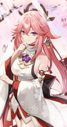 Rule 34 | 1girl, absurdres, animal ears, bare shoulders, blush, breasts, bug, butterfly, detached sleeves, earrings, fox ears, genshin impact, hair ornament, highres, insect, jewelry, large breasts, long hair, looking at viewer, necklace, pendant, pink hair, purple eyes, red skirt, sidelocks, skirt, sleeveless, smile, solo, takehana note, thighs, very long hair, wide sleeves, yae miko