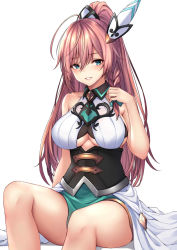Rule 34 | 1girl, ahoge, antenna hair, bare shoulders, blue eyes, braid, breasts, brown hair, cleavage, corset, cygames, dragalia lost, highres, large breasts, long hair, looking at viewer, louise (dragalia lost), nintendo, parted lips, ponytail, simple background, sitting, smile, solo, thighs, very long hair, white background