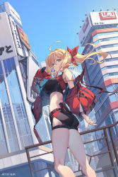 Rule 34 | 1girl, ahoge, arm up, artist name, ass, bare legs, bare shoulders, black shorts, blonde hair, blue sky, breasts, building, city, closed mouth, copyright name, crop top, day, earphones, fate/grand order, fate (series), feet out of frame, from side, hair between eyes, hair ribbon, hand in own hair, highres, jacket, large breasts, long hair, long sleeves, looking at viewer, looking to the side, nero claudius (fate), nero claudius (fate) (all), nero claudius (fate/extra), nian (zhanian), open clothes, open jacket, outdoors, ponytail, railing, red jacket, red ribbon, ribbon, short shorts, shorts, sky, smile, solo, standing