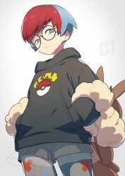 Rule 34 | 1girl, blue hair, closed mouth, creatures (company), game freak, glasses, grey eyes, hands in pockets, hata4564, highres, hood, hood down, hoodie, multicolored hair, nintendo, pantyhose, penny (pokemon), pokemon, pokemon sv, print pantyhose, red hair, round eyewear, see-through, see-through skirt, short hair, shorts, shorts under skirt, skirt, solo, standing, two-tone hair
