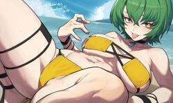 Rule 34 | 1girl, abs, beach, bikini, blue sky, breasts, breasts apart, eyepatch bikini, green hair, hata4564, highres, large breasts, looking at viewer, lying, navel, o-ring, o-ring bottom, on back, orange eyes, original, shiny skin, short hair, skindentation, sky, solo, spread legs, swimsuit, tongue, tongue out, wet