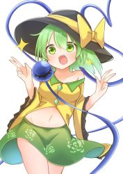 Rule 34 | 1girl, black hat, blouse, bow, breasts, double v, fang, floral print, green eyes, green hair, green skirt, groin, hat, hat bow, heart, heart of string, koishi day, komeiji koishi, looking at viewer, midriff, navel, open mouth, rose print, shiki karin, shirt, short hair, simple background, skirt, smile, solo, star (symbol), third eye, touhou, v, white background, wide sleeves, yellow bow, yellow shirt