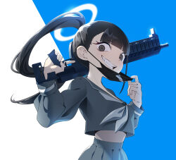 Rule 34 | 1girl, absurdres, black eyes, black hair, blue archive, carrying over shoulder, crazy smile, crop top, crop top overhang, cropped torso, grey shirt, grey skirt, grin, gun, halo, highres, holding, holding gun, holding weapon, long hair, long sleeves, looking at viewer, mask, mask pull, mouth mask, nasan (coldtime), neckerchief, open mouth, ponytail, shirt, skirt, smile, solo, sukeban (smg) (blue archive), surgical mask, weapon