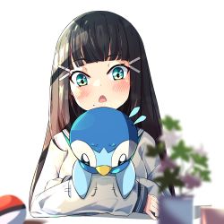 Rule 34 | 1girl, absurdres, black hair, blunt bangs, blush, blush stickers, chestnut mouth, commission, creatures (company), crossed arms, game freak, gen 4 pokemon, green eyes, hair ornament, hairclip, highres, holding, holding pokemon, kurosawa dia, long hair, long sleeves, looking down, love live!, love live! sunshine!!, mole, mole under mouth, motion lines, nintendo, open mouth, piplup, pixiv commission, plant, poke ball, pokemon, pokemon (creature), potted plant, school uniform, serafuku, solo, struggling, sweatdrop, woruta (soloistlist)