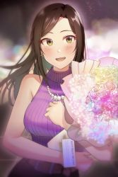 Rule 34 | 1girl, bare shoulders, blush, bouquet, breasts, brown hair, earrings, flower, happy valentine, idolmaster, idolmaster cinderella girls, jewelry, large breasts, long hair, mukai takumi, necklace, open mouth, parted bangs, ribbed shirt, shangzi, shirt, sleeveless, sleeveless shirt, smile, valentine, yellow eyes
