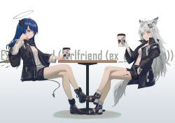 Rule 34 | 2girls, alset, animal ears, arknights, bare legs, belt, black belt, black footwear, black jacket, black nails, black shorts, blue eyes, blue hair, boots, breasts, chinese commentary, coffee cup, commentary request, crossed legs, cup, disposable cup, full body, gradient background, grey background, grey eyes, grin, hair ornament, hairclip, halo, hand up, high collar, highres, holding, holding cup, horns, invisible chair, jacket, lappland (arknights), long hair, long sleeves, looking at viewer, material growth, medium breasts, midriff, mostima (arknights), multiple girls, nail polish, navel, open clothes, open jacket, oripathy lesion (arknights), scar, scar across eye, scar on face, shirt, short shorts, shorts, silver hair, sitting, smile, stomach, table, tail, thighs, white background, white shirt, wide sleeves, wolf ears, wolf tail