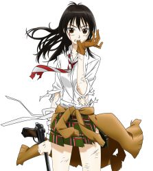 Rule 34 | 1girl, absurdres, bandages, black hair, blood, blood on face, brown eyes, clothes around waist, coppelion, cowboy shot, floating hair, gloves, green skirt, gun, handgun, highres, huge filesize, incredibly absurdres, long hair, looking at viewer, luger p08, miniskirt, naruse ibara, necktie, pale skin, plaid, plaid skirt, pleated skirt, scratches, shirt, skirt, sleeves rolled up, solo, standing, striped necktie, striped neckwear, sweater, sweater around waist, torn clothes, transparent background, vector trace, weapon, white shirt, wind