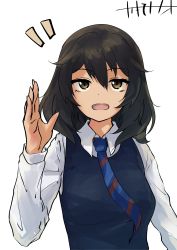 Rule 34 | 1girl, absurdres, andou (girls und panzer), bc freedom school uniform, black hair, brown eyes, dark-skinned female, dark skin, girls und panzer, hand up, highres, kakimoto nao, long sleeves, looking at viewer, medium hair, messy hair, necktie, one-hour drawing challenge, open mouth, school uniform, signature, simple background, smile, solo, tongue, white background