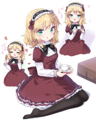 Rule 34 | 1girl, :d, :o, ^ ^, black bow, black hairband, black pantyhose, blonde hair, blush, bow, brown dress, closed eyes, collared shirt, commentary request, cup, dress, frilled hairband, frills, green eyes, hair between eyes, hairband, highres, holding, holding saucer, idolmaster, idolmaster cinderella girls, ktsecond, layered sleeves, lolita fashion, long sleeves, looking at viewer, multiple views, open mouth, pantyhose, parted lips, puffy short sleeves, puffy sleeves, ribbon-trimmed hairband, ribbon trim, sakurai momoka, saucer, shirt, short over long sleeves, short sleeves, sitting, smile, standing, translation request, wariza, white background, white shirt