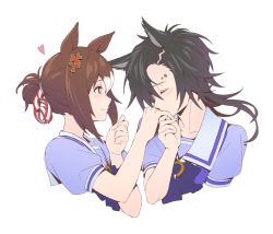 Rule 34 | 2girls, air shakur (umamusume), animal ears, black hair, blush, bow, bowtie, brown hair, closed eyes, closed mouth, clover hair ornament, cropped torso, eyebrow piercing, fine motion (umamusume), hair bun, hair ornament, heart, highres, holding hands, horse ears, kiss, kissing hand, looking at another, looking at viewer, multicolored hair, multiple girls, parted bangs, piercing, puffy short sleeves, puffy sleeves, purple bow, purple bowtie, purple shirt, sailor collar, shirt, short sleeves, simple background, sinnra art, two-tone hair, umamusume, upper body, white background, yuri