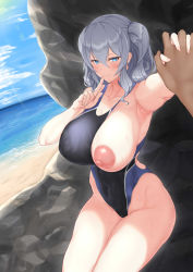 Rule 34 | 1boy, 1girl, absurdres, armpits, beach, blue eyes, blush, breasts, competition swimsuit, highres, holding hands, index finger raised, kantai collection, kashima (kancolle), large areolae, large breasts, long hair, naughty face, nipples, one-piece swimsuit, one breast out, silver hair, smile, swimsuit, twintails, wet, wet clothes, wet swimsuit