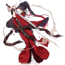 Rule 34 | 1girl, black hair, blood, bloody weapon, chinese clothes, full body, hair over one eye, holding, holding sword, holding weapon, honkai (series), honkai impact 3rd, jian (weapon), lier (honkai impact), long hair, multicolored hair, official art, ponytail, red eyes, red hair, sword, third-party source, transparent background, two-tone hair, weapon