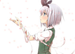 Rule 34 | 1girl, bad id, bad pixiv id, bandages, blue eyes, cherry blossoms, female focus, hair ribbon, katanakko daisuki, konpaku youmu, outstretched arm, outstretched hand, petals, profile, puffy sleeves, ribbon, shirt, short hair, short sleeves, silver hair, simple background, solo, touhou, vest, white background
