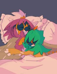 Rule 34 | affectionate, animal focus, beak, bed, bird, brown feathers, closed eyes, closed mouth, creatures (company), cuddling, decidueye, feather hair, feathers, frilled pillow, frills, game freak, gen 7 pokemon, green feathers, grey background, hand on another&#039;s wrist, hand on own arm, head on chest, hisuian decidueye, holding hands, hug, long eyelashes, lying, lying on person, nintendo, no humans, on bed, on side, open mouth, orange feathers, owl, pillow, pink feathers, pokemon, pokemon (creature), signature, simple background, sleeping, sleeping on person, under covers, zeyn5483