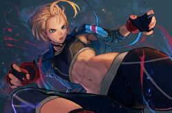 Rule 34 | 1girl, abs, absurdres, antenna hair, armpit crease, beefussop12, black gloves, blonde hair, blue eyes, blue jacket, cammy white, choker, cropped jacket, facial scar, fingerless gloves, gloves, highres, jacket, midriff, official alternate costume, official alternate hair length, official alternate hairstyle, open clothes, open jacket, open mouth, pants, scar, scar on cheek, scar on face, short hair, street fighter, street fighter 6, tight clothes, tight pants