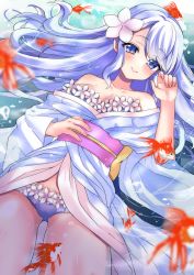 Rule 34 | 1girl, air bubble, animal, bare shoulders, blue eyes, blue hair, blush, bra, breasts, bubble, cleavage, fish, floating hair, flower, goldfish, hair flower, hair ornament, hand on own stomach, highres, hinao, japanese clothes, kimono, long hair, looking at viewer, obi, off shoulder, original, panties, pantyshot, parted bangs, plumeria, sash, smile, solo, strapless, strapless bra, submerged, underwater, underwear, yukata