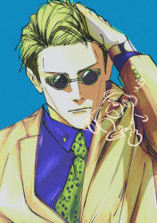 Rule 34 | 1boy, animal print, blonde hair, blue background, blue shirt, formal, goggles, hand on own head, highres, jujutsu kaisen, leopard print, long sleeves, looking at viewer, male focus, mineco000, nanami kento, necktie, shirt, short hair, solo, suit