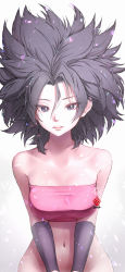 Rule 34 | 1girl, absurdres, bare shoulders, big hair, black eyes, black hair, bottomless, caulifla, collarbone, dragon ball, dragon ball super, highres, kanchiyo, looking at viewer, navel, no pants, out-of-frame censoring, parted lips, pink tube top, pink tubetop, solo, spiked hair, stomach, strapless, tube top, upper body, wristband