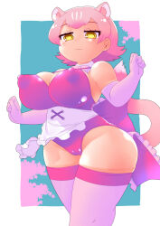 Rule 34 | 1girl, animal ears, apron, bare shoulders, bow, bowtie, breasts, elbow gloves, extra ears, gloves, highres, kemono friends, large breasts, leotard, looking at viewer, malletsnake, panther ears, panther girl, panther tail, peach panther (kemono friends), pink hair, short hair, simple background, solo, tail, thighhighs, yellow eyes
