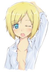 Rule 34 | 1girl, blonde hair, blue eyes, erica hartmann, one eye closed, open clothes, open mouth, open shirt, portrait, scratching head, shinashi (elside), shirt, short hair, simple background, sleeves rolled up, solo, strike witches, tears, upper body, white shirt, wink, world witches series, yawning