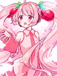 Rule 34 | 1girl, aoiyui, bare shoulders, cherry hair ornament, commentary, detached sleeves, food-themed hair ornament, hair ornament, hand up, hatsune miku, headphones, highres, long hair, looking up, necktie, open mouth, outstretched hand, pink background, pink eyes, pink hair, pink necktie, pink shirt, pink skirt, pink sleeves, pink theme, pleated skirt, sakura miku, shirt, shoulder tattoo, skirt, sleeveless, sleeveless shirt, solo, symbol-only commentary, tattoo, twintails, upper body, very long hair, vocaloid