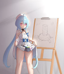 Rule 34 | 1girl, ahoge, bare shoulders, beret, blue hair, canvas (object), cleft of venus, closed mouth, clothes lift, dress, griseo, griseo (starry impression), hat, highres, honkai (series), honkai impact 3rd, long hair, looking at viewer, lrichle, purple eyes, pussy, pussy juice, skirt, skirt lift, solo, twintails, white dress, white hat