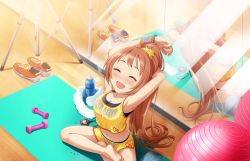 Rule 34 | 10s, 1girl, :d, ^ ^, armpits, arms behind head, barefoot, blush, bottle, breasts, cleavage, closed eyes, clothes writing, crop top, crop top overhang, closed eyes, feet, full-face blush, idolmaster, idolmaster cinderella girls, idolmaster cinderella girls starlight stage, indian style, long hair, midriff, navel, official art, open mouth, orange hair, ponytail, see-through, shorts, sitting, smile, solo, star (symbol), stopwatch, stretching, sweat, sweat stain, towel, very long hair, wakabayashi tomoka, watch, water bottle, wet, wet clothes, wristband