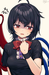 Rule 34 | 1girl, ahoge, asymmetrical wings, black dress, black hair, blue wings, buttons, dated, dress, hair between eyes, highres, houjuu nue, kisamu (ksmz), open mouth, red eyes, red wings, shaded face, short hair, short sleeves, signature, simple background, solo, touhou, upper body, white background, wings