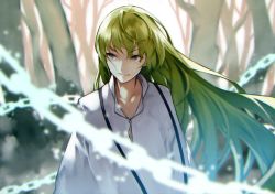 Rule 34 | 1other, alternate eye color, androgynous, chain, close-up, collarbone, commentary request, enkidu (fate), fate/grand order, fate/strange fake, fate (series), forest, green hair, grey eyes, highres, long hair, long sleeves, nature, revealing clothes, robe, smile, solo, upper body, very long hair, white robe, yoshio (55level)