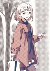Rule 34 | 1girl, absurdres, ayanakitori, bag, blush, commentary request, highres, holding, holding bag, jacket, jewelry, long sleeves, looking at viewer, monochrome, necklace, open clothes, open jacket, open mouth, original, outdoors, pants, shirt, short hair, solo, textless version, tree, walking