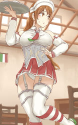Rule 34 | 10s, 1girl, anchor, blush, breasts, brown eyes, chair, detached sleeves, from below, garter straps, green footwear, hand on own hip, highres, holding, holding tray, indoors, kantai collection, large breasts, leg lift, littorio (kancolle), long hair, long sleeves, looking to the side, miniskirt, necktie, panties, pantyshot, pleated skirt, ponytail, red hair, red necktie, red skirt, shoes, sketch, skirt, solo, standing, striped clothes, striped thighhighs, sweatdrop, table, thighhighs, tray, underwear, uru (uru0000), white panties, white thighhighs