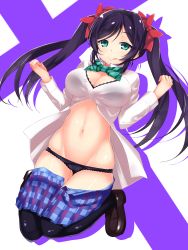 Rule 34 | 10s, 1girl, :q, alternate hairstyle, black hair, bow, bra, breasts, cleavage, clothes pull, full body, green eyes, groin, hair bow, highres, large breasts, loafers, long hair, looking at viewer, love live!, love live! school idol project, navel, open clothes, open shirt, ponkotsu (ayarosu), school uniform, shiny skin, shirt, shoes, skindentation, skirt, skirt pull, solo, thighhighs, tongue, tongue out, tojo nozomi, transparent background, twintails, underwear, unzipped