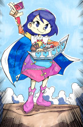 Rule 34 | 1girl, arm up, blue eyes, blue hair, blue sky, cape, card, cloak, closed mouth, cloud, colored skin, dress, duel disk, grin, hair ornament, hairband, headband, highres, long sleeves, looking at viewer, multicolored clothes, multicolored dress, multicolored hairband, pink footwear, pointing, pointing up, rainbow gradient, rock, setz, skirt, sky, sky print, smile, speed lines, standing, tenkyuu chimata, touhou, two-sided cape, two-sided cloak, two-sided fabric, unconnected marketeers, white cape, white skin, yu-gi-oh!, zipper