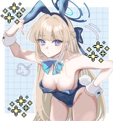 Rule 34 | 1girl, animal ears, aqua bow, bare shoulders, blonde hair, blue archive, blue eyes, blue hair, blue halo, blue leotard, blush, border, bow, braid, breasts, cleavage, closed mouth, commentary request, cowboy shot, curvy, detached collar, expressionless, eyelashes, eyes visible through hair, fake animal ears, fake tail, french braid, groin, hair between eyes, halo, hand on headwear, hand on own hip, hand up, hanging breasts, highres, leaning forward, leotard, blue background, long hair, looking at viewer, mayo taro, medium breasts, motion lines, multicolored hair, playboy bunny, puff of air, rabbit ears, rabbit tail, simple background, solo, sparkle, standing, straight hair, strapless, strapless leotard, streaked hair, tail, toki (blue archive), toki (bunny) (blue archive), tsurime, very long hair, white border, white wrist cuffs, wrist cuffs