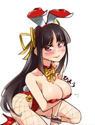 Rule 34 | 1girl, alternate costume, animal ears, black hair, bow, bowtie, commentary request, detached collar, fake animal ears, fishnet pantyhose, fishnets, hair ribbon, hime cut, hiyou (kancolle), kantai collection, leotard, long hair, looking at viewer, magatama, pantyhose, playboy bunny, rabbit ears, rabbit tail, red leotard, ribbon, simple background, sitting, solo, strapless, strapless leotard, tail, udukikosuke, wariza, white background, wrist cuffs, yellow bow, yellow bowtie