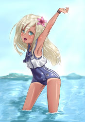 Rule 34 | 10s, 1girl, arotome, bad id, bad pixiv id, blonde hair, crop top, flower, green eyes, hair flower, hair ornament, highres, kantai collection, long hair, open mouth, ro-500 (kancolle), school swimsuit, sky, swimsuit, swimsuit under clothes, tan, tanline, thighs, tongue, waving