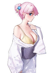 Rule 34 | 1girl, absurdres, alternate hairstyle, blush, bocchi the rock!, bra, breasts, cleavage, closed mouth, collarbone, cube hair ornament, floral print, gotoh hitori, grey sash, hair between eyes, hair ornament, highres, japanese clothes, kimono, large breasts, liwen520, long sleeves, looking back, nose, pink hair, sash, single bare shoulder, sleeves past wrists, solo, underwear, white kimono, yellow bra