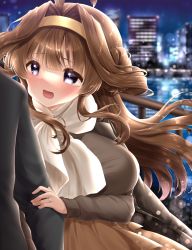 Rule 34 | 1boy, 1girl, :o, absurdres, admiral (kancolle), ahoge, black jacket, blush, breasts, brown hair, brown skirt, brown sweater, double bun, hair bun, hairband, highres, jacket, jewelry, kanda kaname, kantai collection, kongou (kancolle), large breasts, long hair, looking at another, official alternate costume, purple eyes, ring, scarf, skirt, solo focus, sweater, wedding band, white scarf, yellow hairband