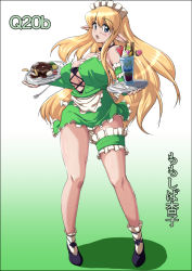 Rule 34 | 1girl, apron, bare shoulders, blonde hair, blue eyes, breasts, bridal garter, cleavage, detached sleeves, elf, female focus, food, full body, gradient background, hair ornament, huge breasts, long hair, looking at viewer, maid headdress, miniskirt, nafta, open mouth, pointy ears, shoes, simple background, skirt, solo, standing, text focus, tiffania westwood, translated, tray, underboob, waist apron, waitress, zero no tsukaima