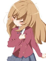 Rule 34 | 1girl, aisaka taiga, black ribbon, blazer, blue skirt, blush, brown hair, buttons, clenched hand, clenched teeth, closed eyes, collared shirt, commentary, cowboy shot, crying, double-breasted, hair between eyes, hand on own chest, hazuki (pixiv 62548024), highres, jacket, long hair, long sleeves, neck ribbon, oohashi high school uniform, outstretched arm, pleated skirt, red jacket, ribbon, school uniform, shirt, simple background, skirt, solo, tears, teeth, toradora!, white background, white shirt