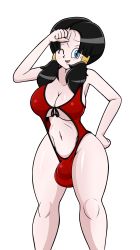 Rule 34 | 1futa, absurdres, black hair, blue eyes, breasts, bulge, diabolussex, dragon ball, dragonball z, futanari, highres, large breasts, large penis, large testicles, long hair, newhalf, one-piece swimsuit, one eye closed, penis, red one-piece swimsuit, simple background, solo, swimsuit, testicles, twintails, videl, white background