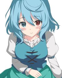 Rule 34 | 1girl, blue eyes, blue hair, blue skirt, blue vest, breasts, closed mouth, commentary request, heterochromia, highres, juliet sleeves, long sleeves, looking at viewer, medium breasts, puffy sleeves, red eyes, setsugetsuka436, shirt, simple background, skirt, solo, tatara kogasa, touhou, upper body, vest, white background, white shirt