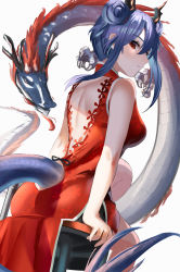 Rule 34 | 1girl, arknights, ass, bare arms, bare shoulders, blue hair, breasts, ch&#039;en (ageless afterglow) (arknights), ch&#039;en (arknights), double bun, dragon horns, dragon tail, dress, feet out of frame, hair between eyes, hair bun, highres, horns, large breasts, lucy (rusi-juren328), red dress, red eyes, sidelocks, simple background, sitting, sleeveless, sleeveless dress, solo, tail, white background